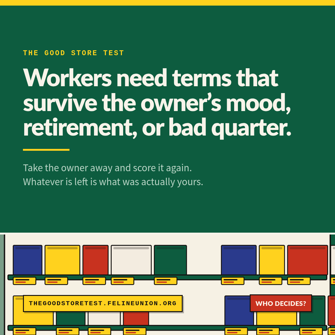 Share card: The apron is not a ballot. Workers need terms that survive the owner’s mood, retirement, or bad quarter.